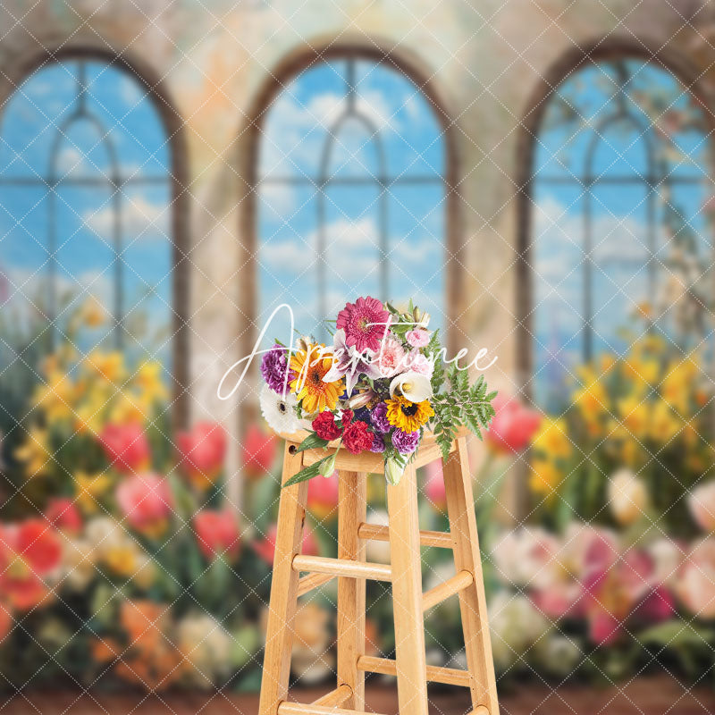 Aperturee - Aperturee Oil Painted Colorful Floral Blue Sky Window Backdrop