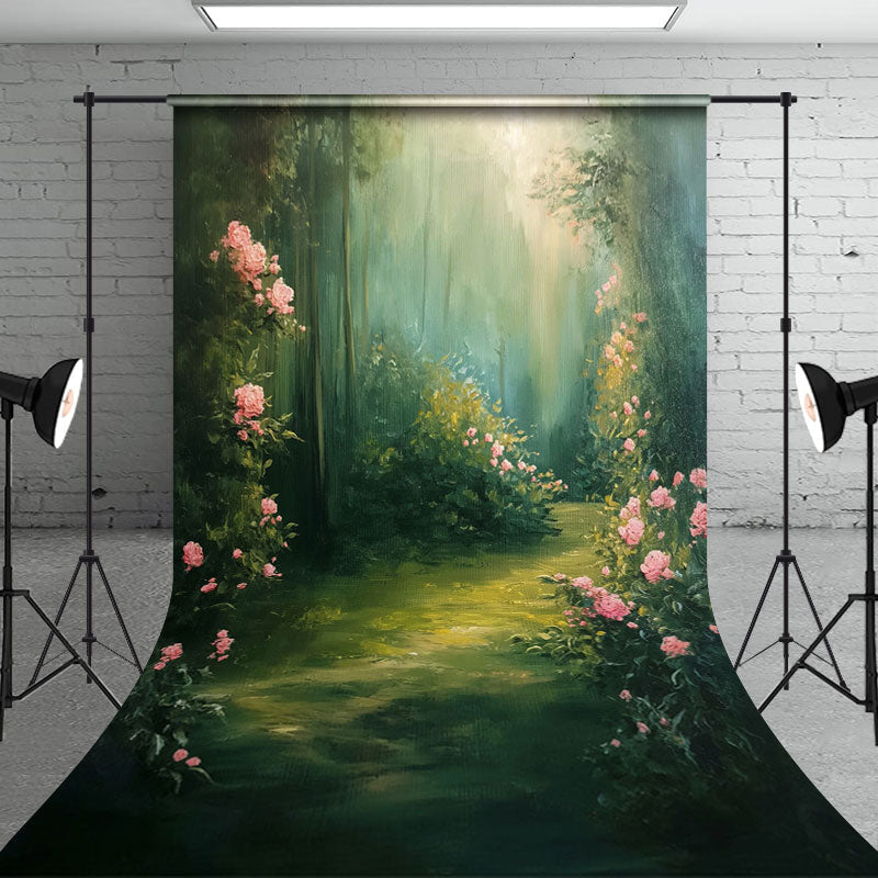 Aperturee - Aperturee Oil Painted Forest Pink Floral Wedding Photo Backdrop