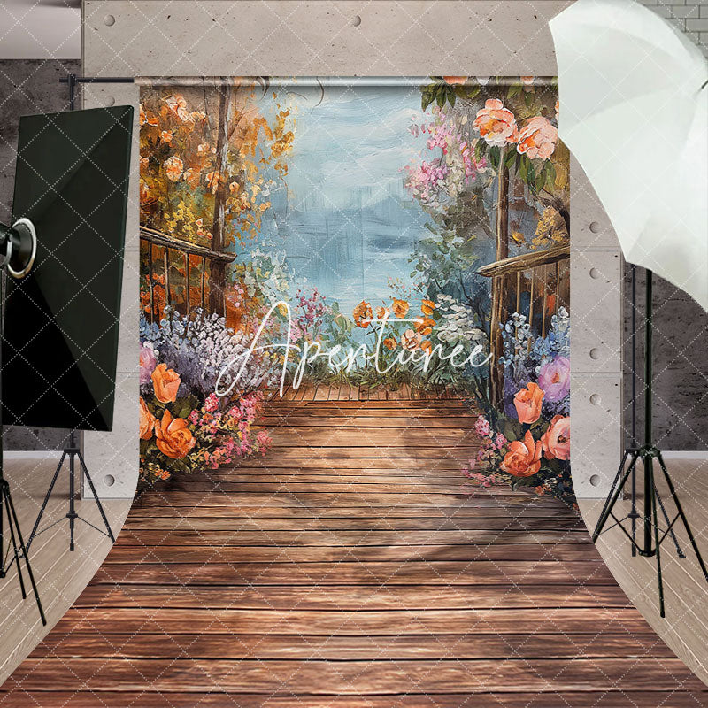 Aperturee - Aperturee Oil Painted Wooden Floor Colorful Floral Backdrop