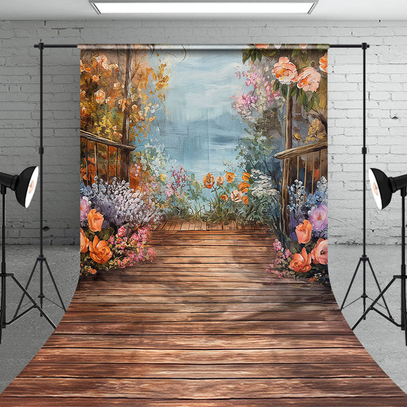 Aperturee - Aperturee Oil Painted Wooden Floor Colorful Floral Backdrop