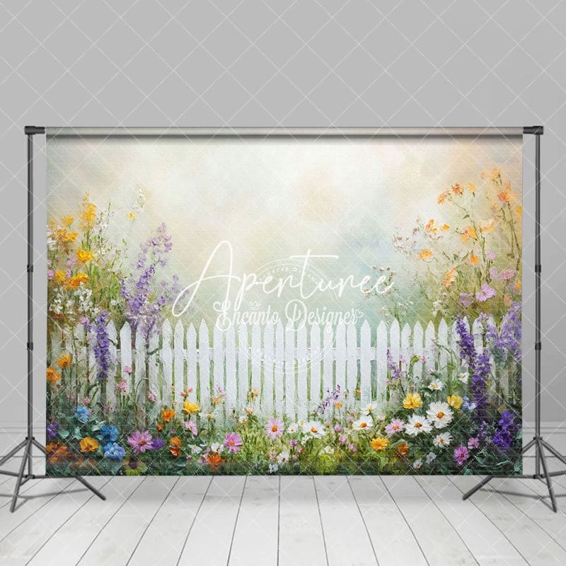 Aperturee - Aperturee Oil Painting Flowers Fence Spring Photo Backdrop