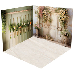 Aperturee - Aperturee Old Wooden Door Flower Wall Spring Room Set Photo Booth