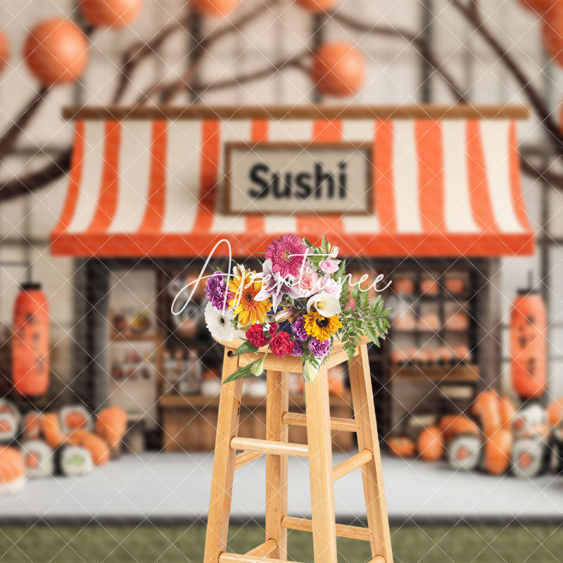 Aperturee - Aperturee Orange Balloons Trunk Sushi Store Cake Smash Backdrop