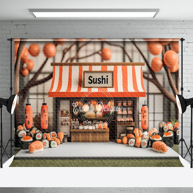 Aperturee - Aperturee Orange Balloons Trunk Sushi Store Cake Smash Backdrop