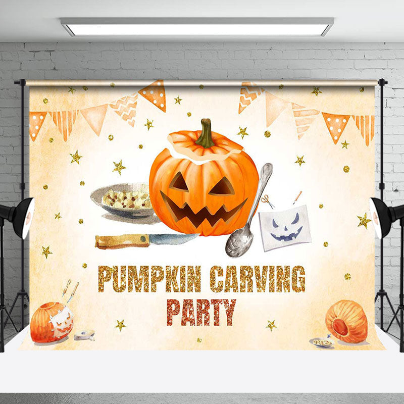 Aperturee - Aperturee Orange Gold Stars Flag Pumpkin Caving Party Backdrop