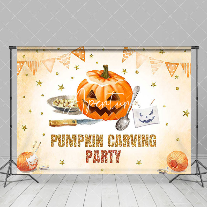 Aperturee - Aperturee Orange Gold Stars Flag Pumpkin Caving Party Backdrop