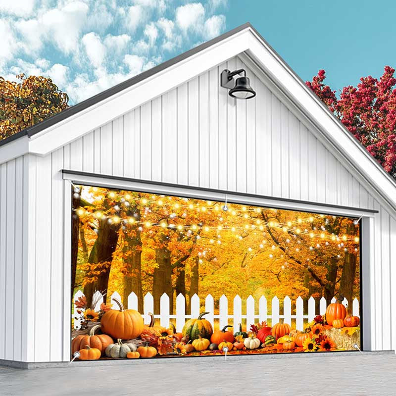 Aperturee - Aperturee Orange Maple Tree Autumn Pumpkin Garage Door Banner