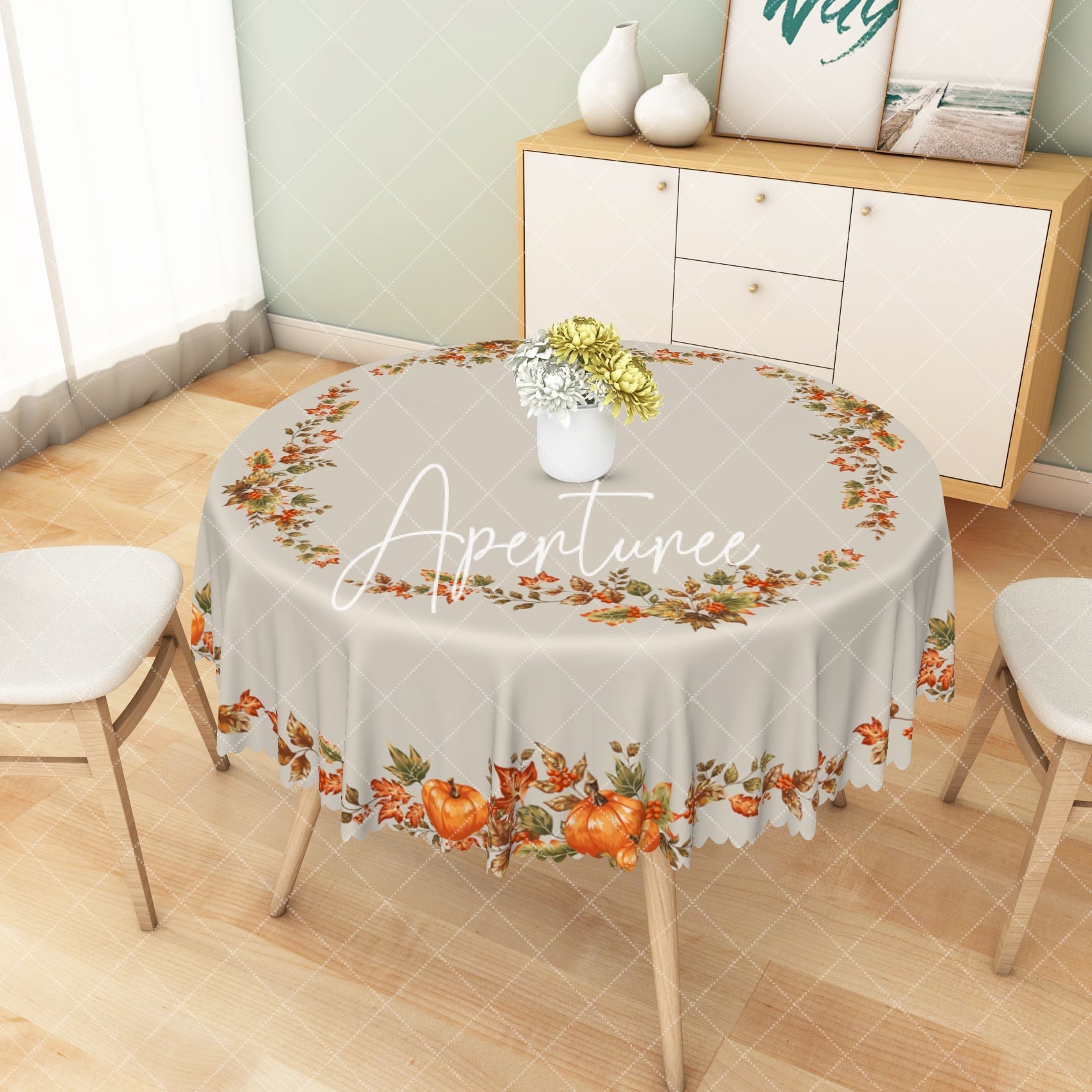 Aperturee - Aperturee Orange Pumpkins Green Leaves Thanksgiving Tablecloth