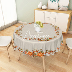 Aperturee - Aperturee Orange Pumpkins Green Leaves Thanksgiving Tablecloth