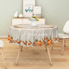 Aperturee - Aperturee Orange Pumpkins Green Leaves Thanksgiving Tablecloth