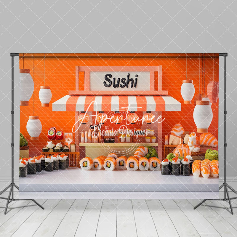 Aperturee - Aperturee Orange Wall Lantern Sushi Store Cake Smash Backdrop