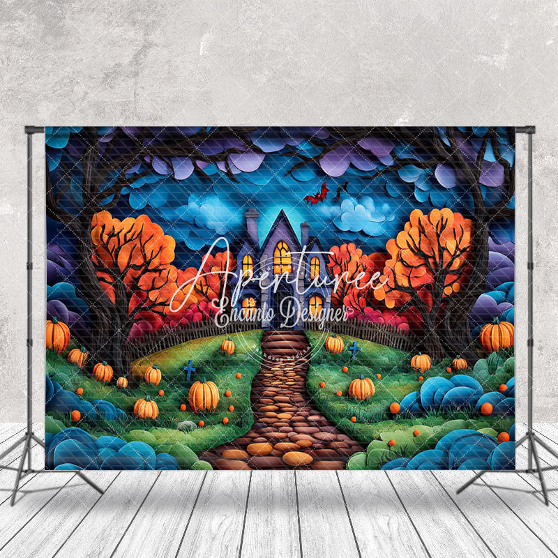 Aperturee - Aperturee Painted Castle Trees Pumpkins Halloween Backdrop