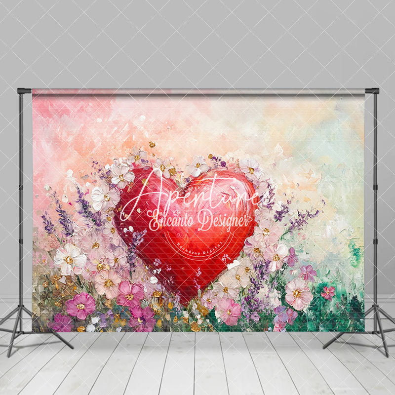 Aperturee - Aperturee Painted Red Heart Floral Valentines Day Backdrop