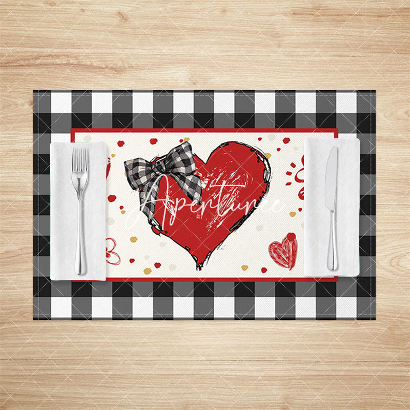 Aperturee - Aperturee Painted Red Heart Plaid Romantic Set Of 4 Placemats