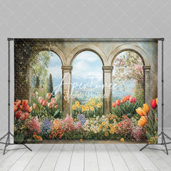 Aperturee - Aperturee Painted Retro Arch Colorful Floral Spring Backdrop