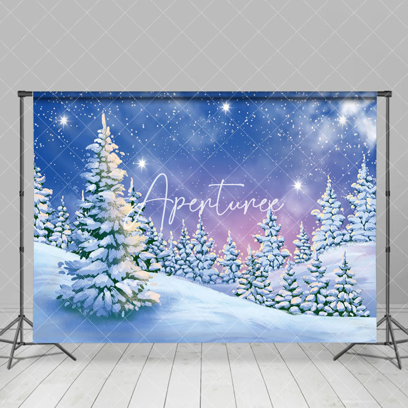 Aperturee - Aperturee Painted Snowy Winter Field Forest Scene Backdrop