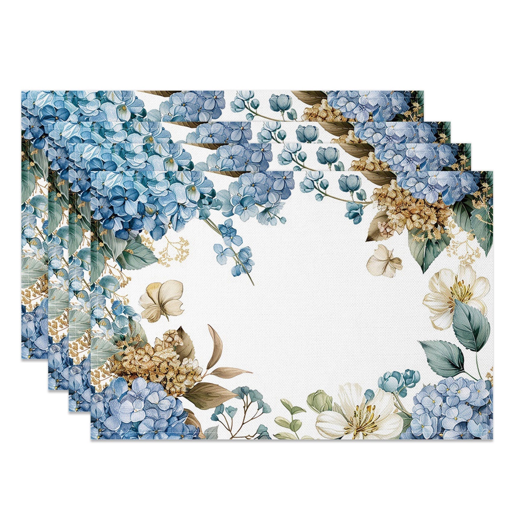 Aperturee - Aperturee Painted Spring Blue Floral Leaf Set Of 4 Placemats