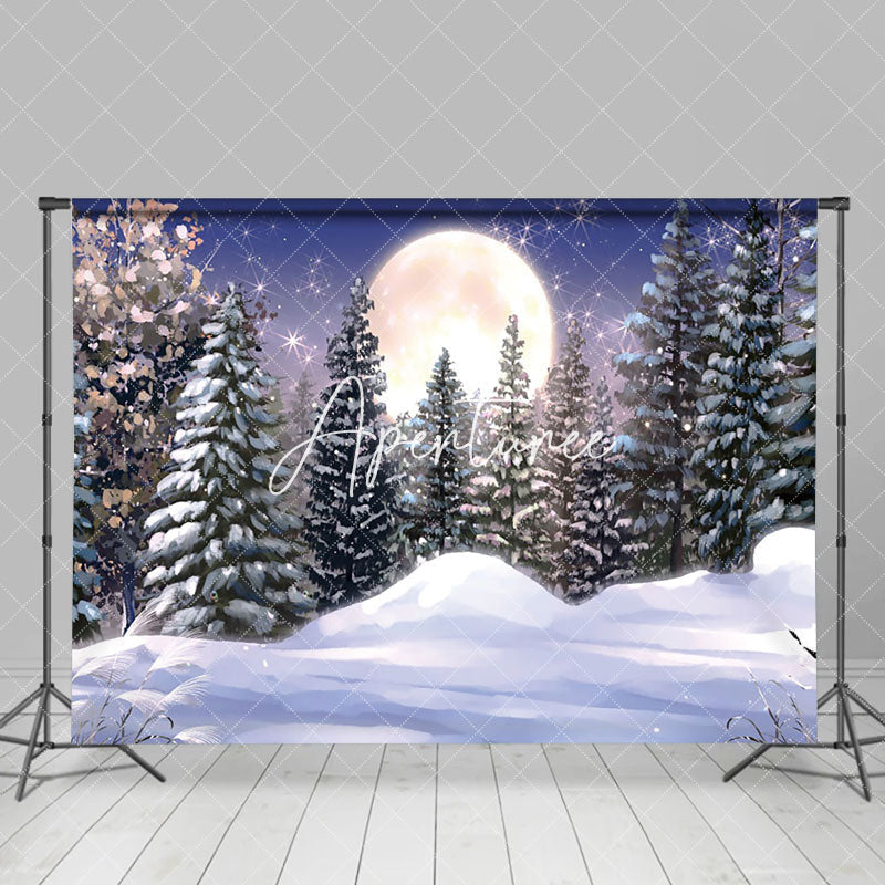 Aperturee - Aperturee Painting Snowy Winter Moon Night Forest Backdrop