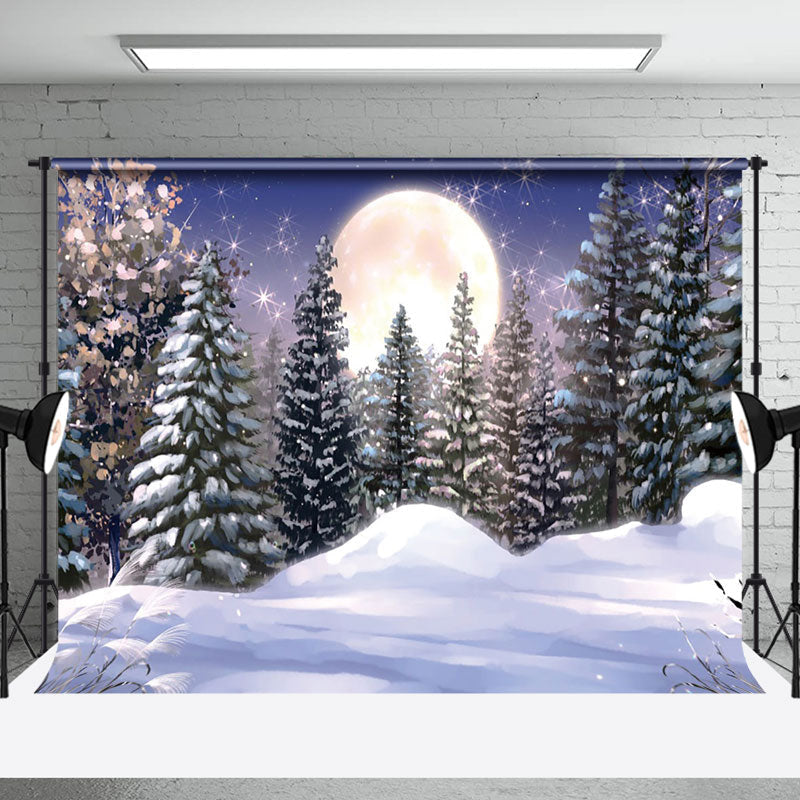 Aperturee - Aperturee Painting Snowy Winter Moon Night Forest Backdrop