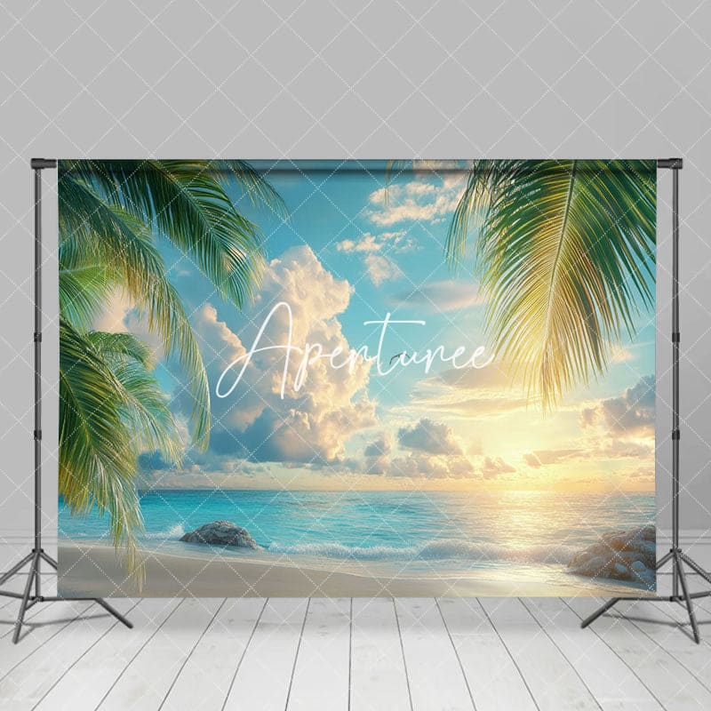 Aperturee - Aperturee Peaceful Seaside Scene Palms Birds Flying Backdrop