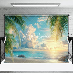 Aperturee - Aperturee Peaceful Seaside Scene Palms Birds Flying Backdrop