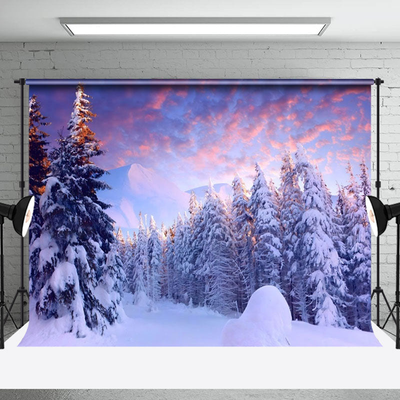 Aperturee - Aperturee Peaceful Winter Forest Dusk Scenery Photo Backdrop