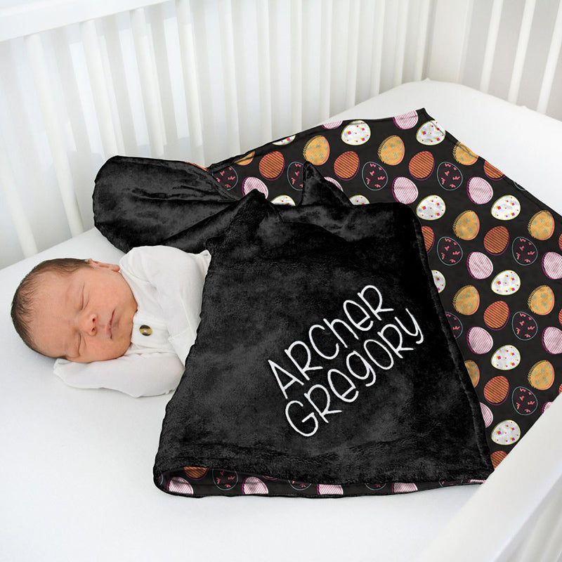 Aperturee - Aperturee Personalized Colorful Eggs Black Minky Baby Blanket