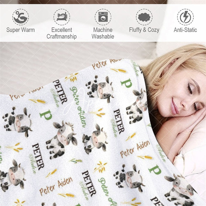 Aperturee - Aperturee Personalized Farm Cow Name Blanket for Baby