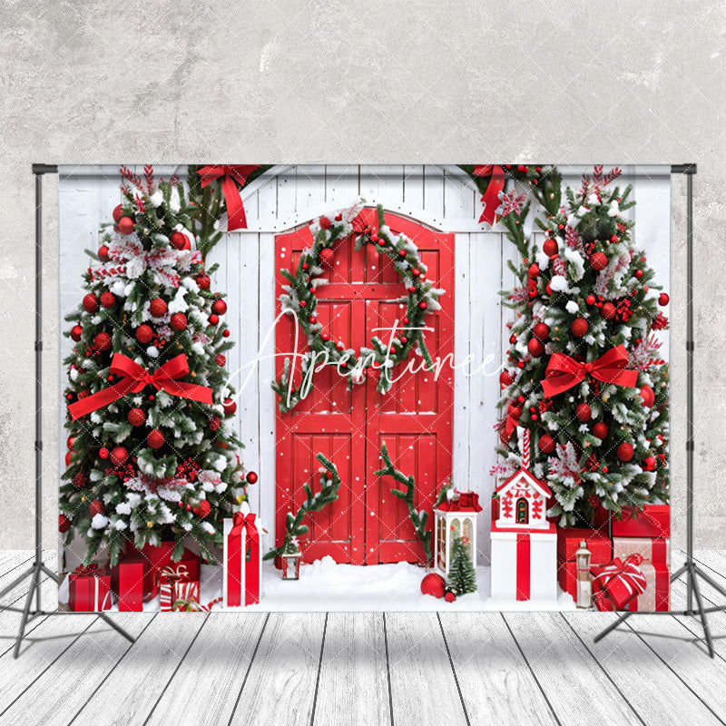 Aperturee - Aperturee Pine Branches Wreath Wood Door Christmas Backdrop