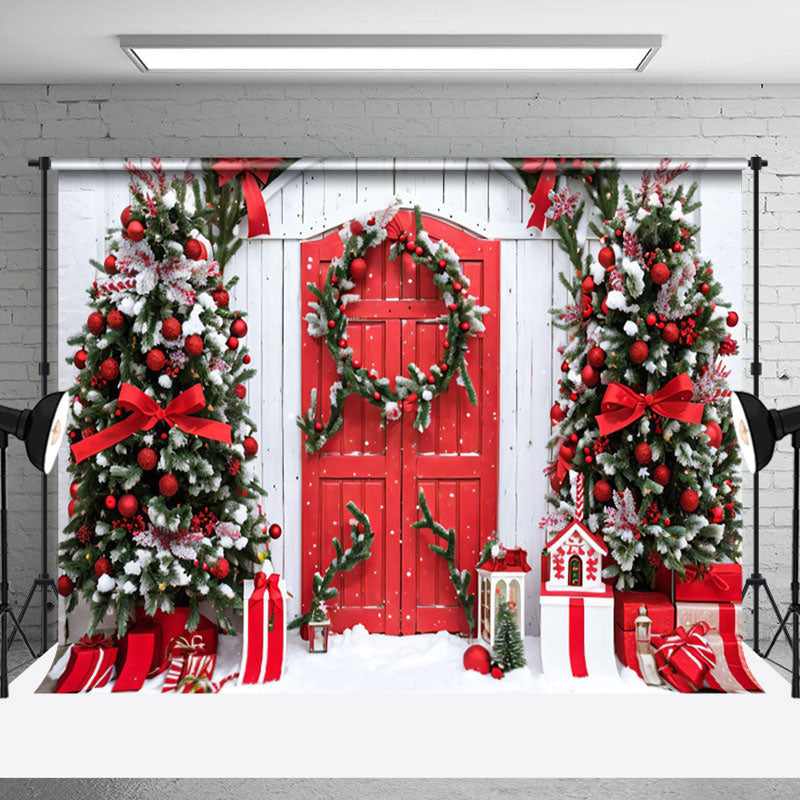 Aperturee - Aperturee Pine Branches Wreath Wood Door Christmas Backdrop