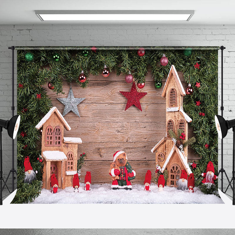 Aperturee - Aperturee Pine Decor Wooden House Christmas Photo Backdrop