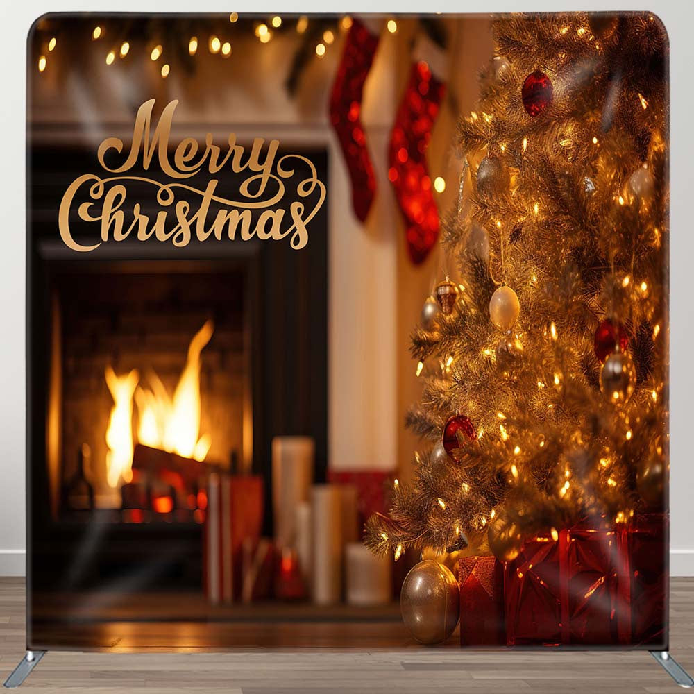 Aperturee - Aperturee Pine Gifts Fireplace Christmas Tension Fabric Backdrop