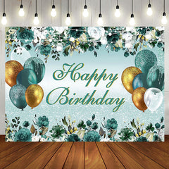 Aperturee - Aperturee Pine Green Glitter Gold Happy Birthday Backdrop