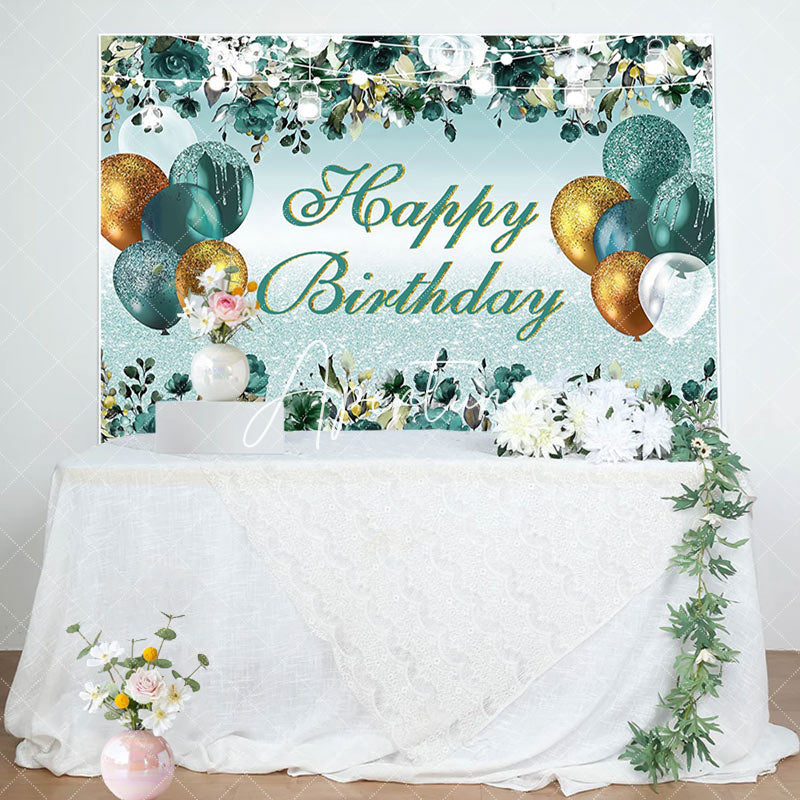 Aperturee - Aperturee Pine Green Glitter Gold Happy Birthday Backdrop