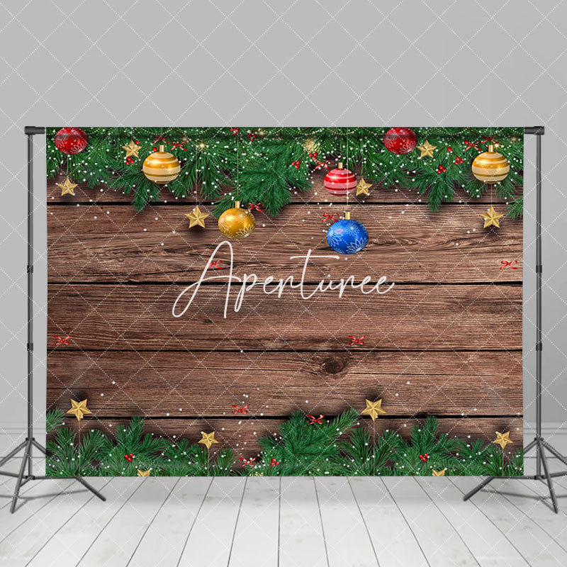 Aperturee - Aperturee Pine Leaf Bells Brown Wood Grain Christmas Backdrop