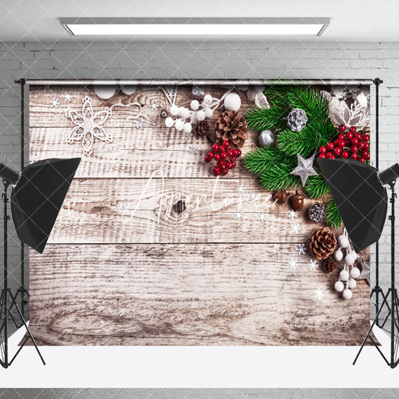 Aperturee - Aperturee Pine Leaf Pinecone Wooden Merry Christmas Backdrop