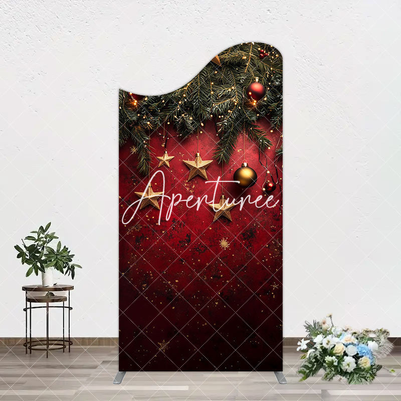 Aperturee - Aperturee Pine Leaf Star Red Retro Wall Christmas Arch Backdrop