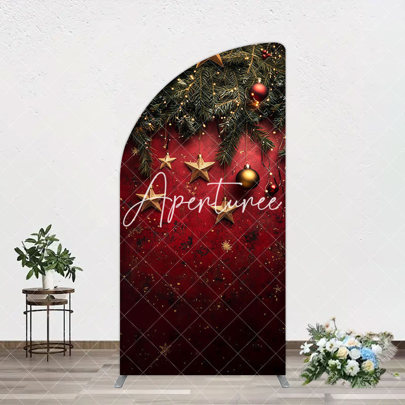 Aperturee - Aperturee Pine Leaf Star Red Retro Wall Christmas Arch Backdrop