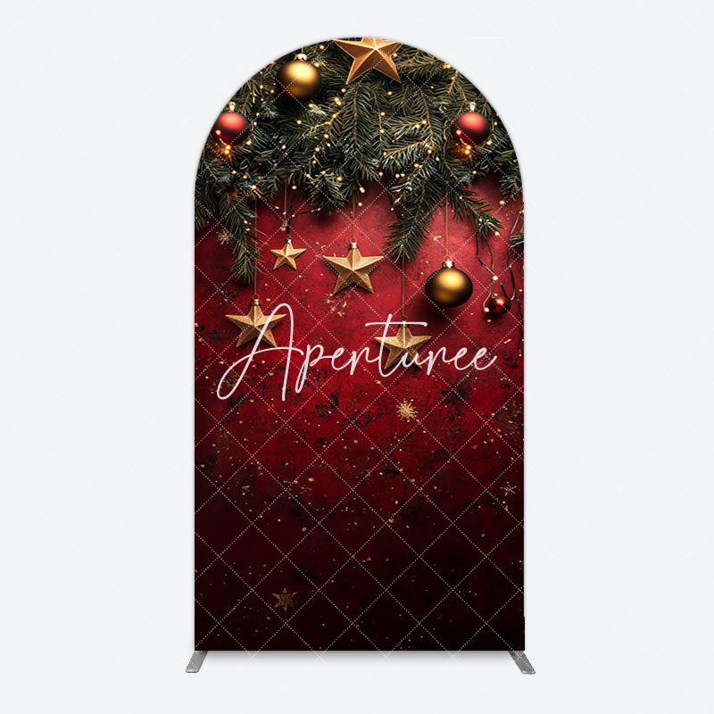 Aperturee - Aperturee Pine Leaf Star Red Retro Wall Christmas Arch Backdrop