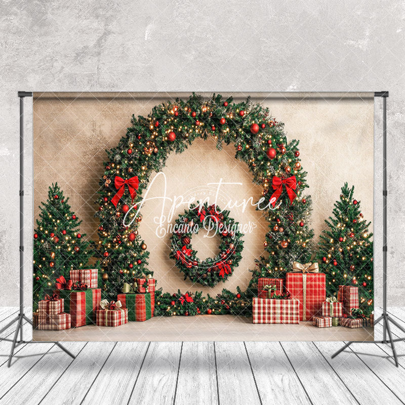 Aperturee - Aperturee Pine Leaves Arch Bow Tie Gifts Christmas Backdrop