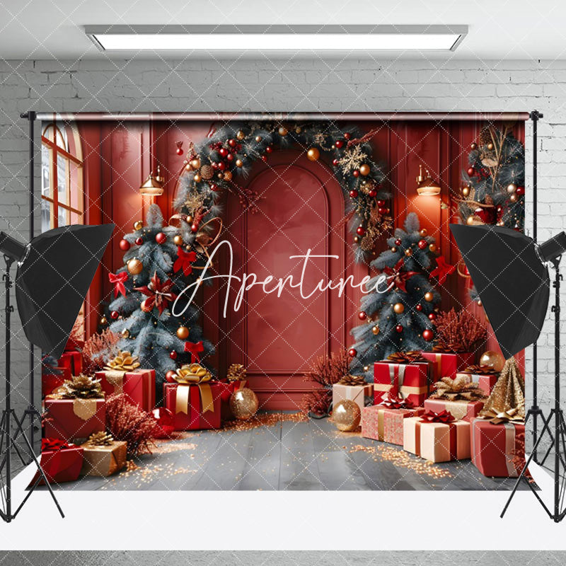 Aperturee - Aperturee Pine Leaves Arch Retro Red Room Christmas Backdrop