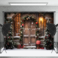 Aperturee - Aperturee Pine Leaves Bells Retro Wood Door Christmas Backdrop