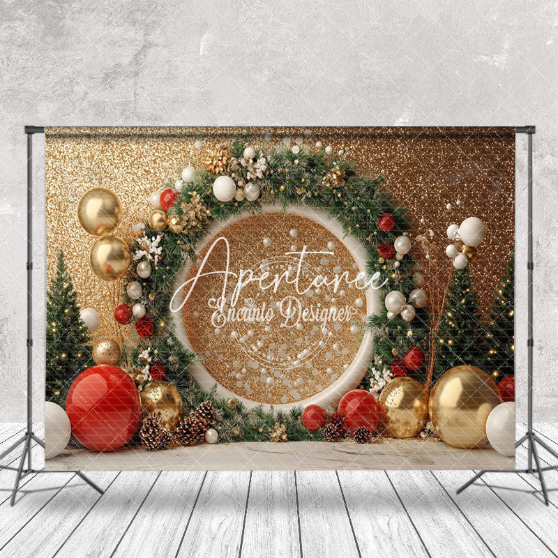 Aperturee - Aperturee Pine Leaves Circle Gold Glitter Christmas Backdrop