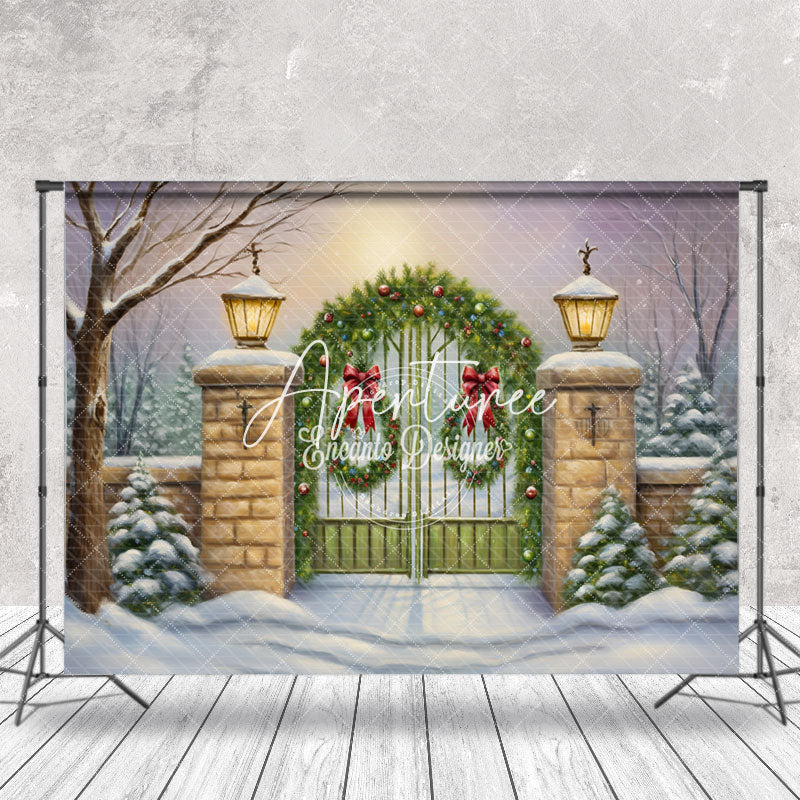 Aperturee - Aperturee Pine Leaves Gate Snowy Wild Trees Christmas Backdrop