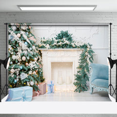 Aperturee - Aperturee Pine Leaves White Fireplace Sofa Christmas Backdrop