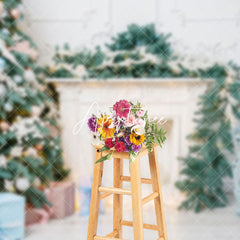 Aperturee - Aperturee Pine Leaves White Fireplace Sofa Christmas Backdrop