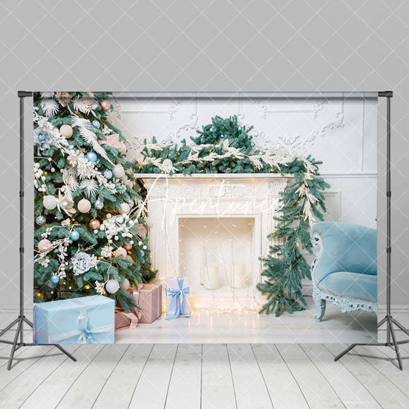 Aperturee - Aperturee Pine Leaves White Fireplace Sofa Christmas Backdrop