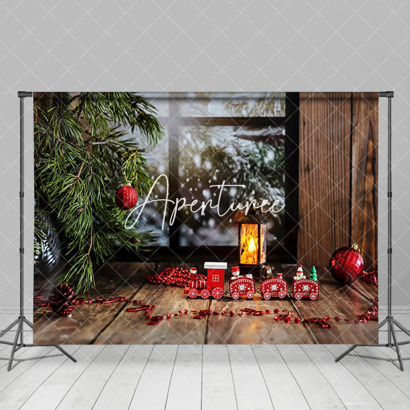 Aperturee - Aperturee Pine Leaves Wood Window Toy Train Christmas Backdrop