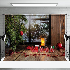 Aperturee - Aperturee Pine Leaves Wood Window Toy Train Christmas Backdrop