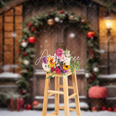 Aperturee - Aperturee Pine Leaves Wreath Wooden Door Christmas Backdrop